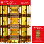 A rectangular mousepad with a geometric pattern predominantly in yellow, orange, and black colors, and a red tab at the bottom with the text 'Frank Lloyd Wright Trust'.