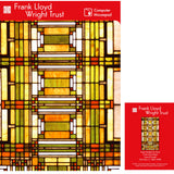 A rectangular mousepad with a geometric pattern predominantly in yellow, orange, and black colors, and a red tab at the bottom with the text 'Frank Lloyd Wright Trust'.