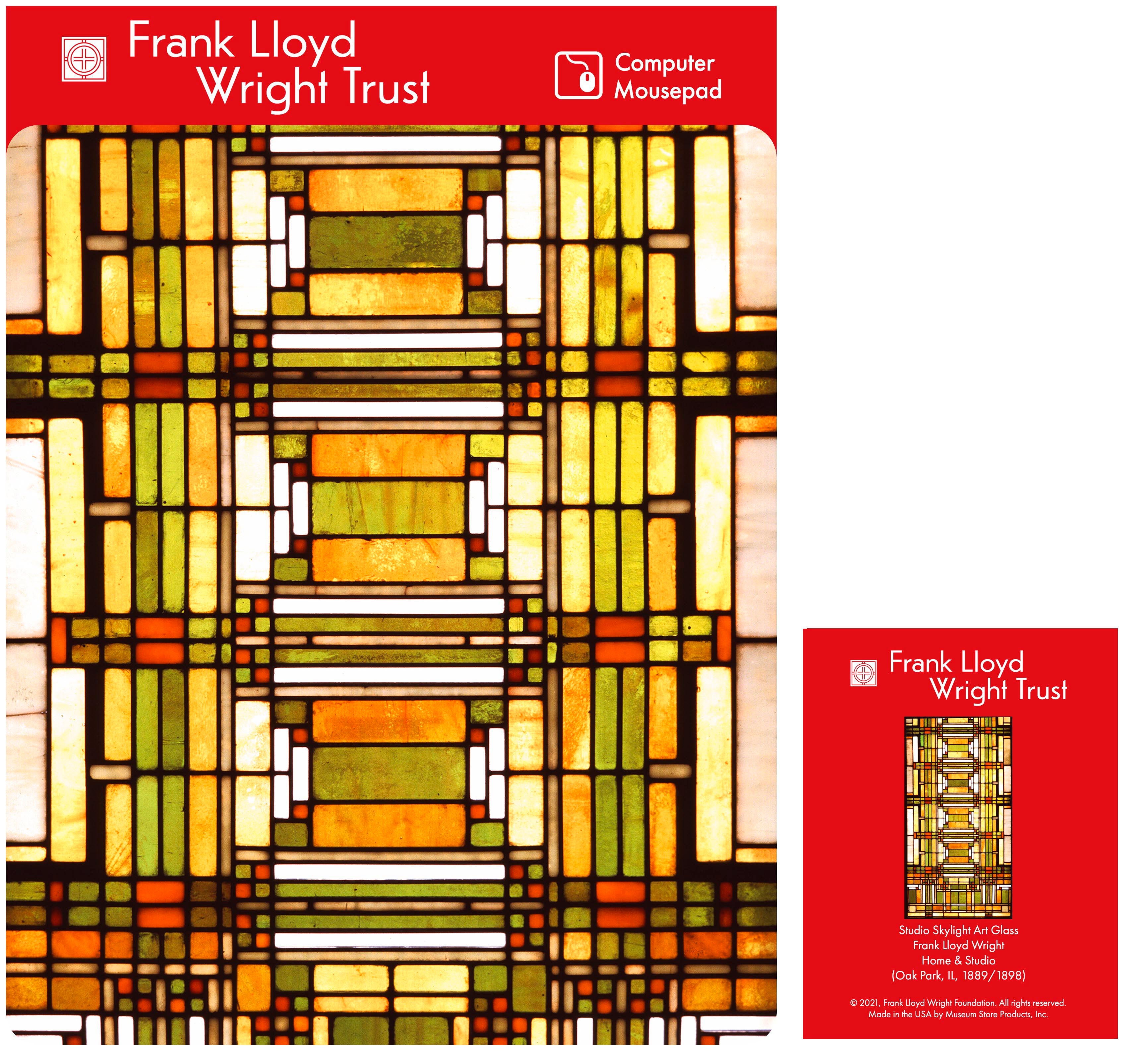 A rectangular mousepad with a geometric pattern predominantly in yellow, orange, and black colors, and a red tab at the bottom with the text 'Frank Lloyd Wright Trust'.